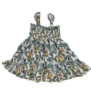 BLUEY Cottom Gauze Tropical Leaf Bluey Bingo Dress Size 3T White Green Smocked